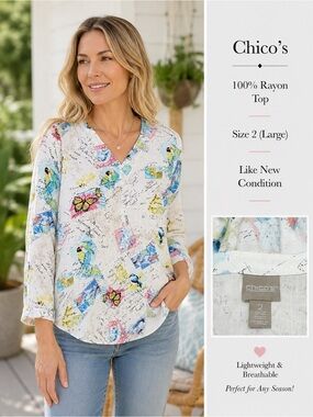 Chico’s Bird & Butterfly Print 100% Rayon Blouse Size 2 (Large) Travel Art Top